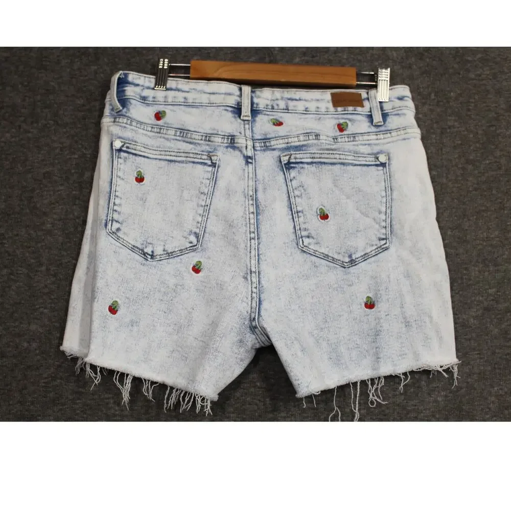 Judy Blue High Waisted Cherry Embroidery Acid Wash Jean Shorts for Women's XL